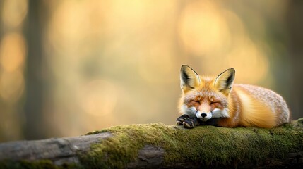 Fototapeta premium A red fox naps atop a mossy log in the forest with its head resting on its paw