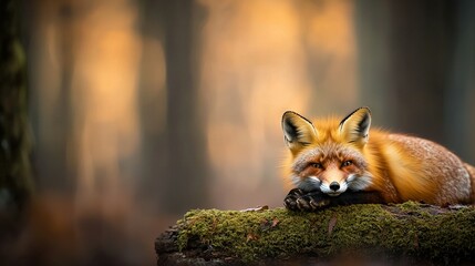 Fototapeta premium Fox on Moss Log in Forest