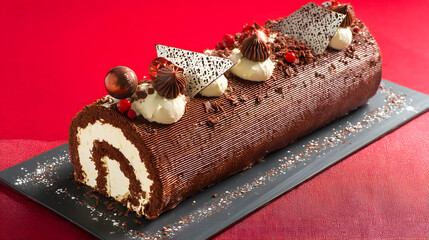Fototapeta premium Delightful Chocolate Log Cake with Cream and Decorative Elements for Festive Celebrations