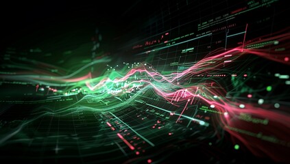 Obraz premium Abstract digital data visualization of financial charts and indicators. Complex interactive displays of market trends and data points
