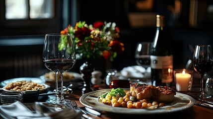 Dining table with food. Festive lunch or dinner. Dark backdrop.