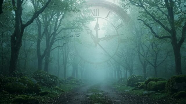 Time flowing through foggy forest pathway with giant clock animation. Cinematic time passing concept video. Mysterious woods scene with antique clock illustration.