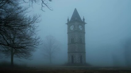 Stone clock tower in thick fog. Spooky old clock tower in mystery landscape at dawn in motion video footage. Time lapse of gothic architecture with clocks for fantasy video. - Powered by Adobe
