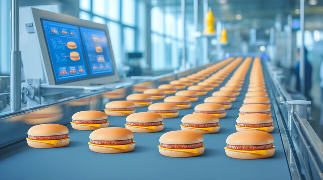Burgers are moving along a conveyor belt in a food manufacturing plant. Workers are overseeing the automated process, ensuring quality control. The bright setting allows for efficient operations