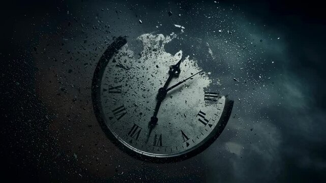 Old clock face disintegrates into particles on dark background. Time passing concept video. Breakdown and expiration motion footage for abstract art or creative projects.