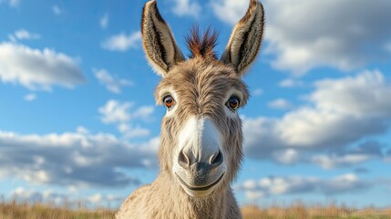 Donkey with a funny expression against a blue sky.