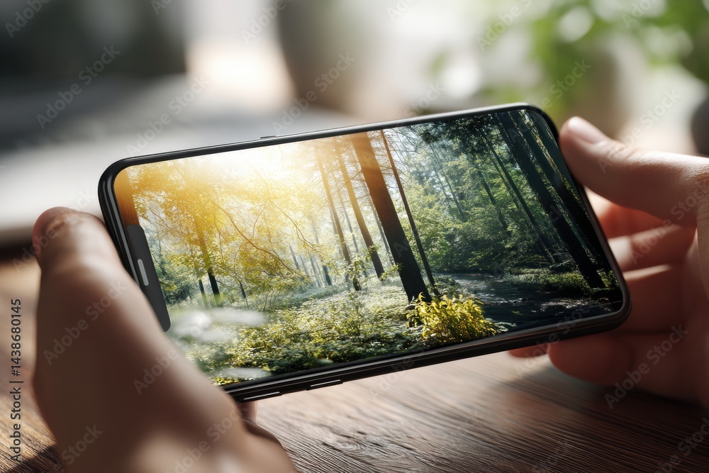 Leinwandbilder Creative Smartphone Mockup Displaying Innovative Photo Editing User Interface in a Serene Natural Setting