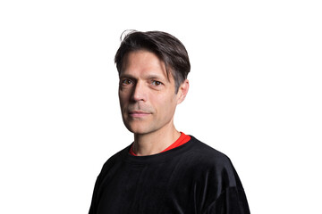 Fototapeta premium Middle-aged man in casual clothes on white background, looking at the camera.