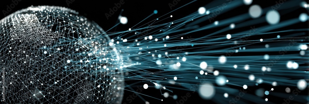 Poster Wireframe Globe With Interconnected Nodes and Data Streams Representing Global Connectivity and Information Exchange in a Digital Environment