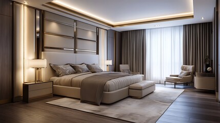 Fototapeta premium Elegant and spacious bedroom with stunning city view and modern decor image