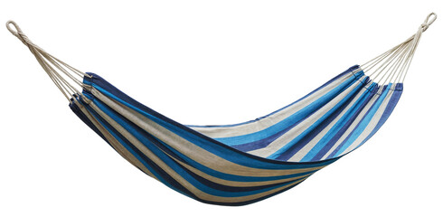 Blue striped fabric hammock for relaxing outdoors or garden use, isolated on a transparent background