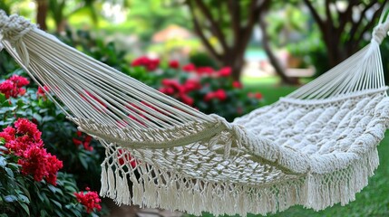 Hammock amidst vibrant flowers in a lush green garden