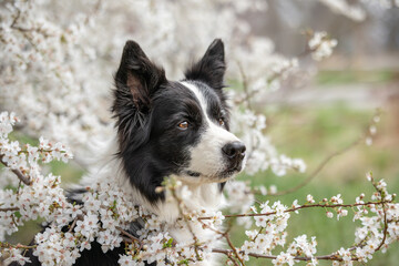 Border Collie Portrait in White Blackthorn Flowering Tree. Adorable Black and White Furry Dog with Blossoming Plant during Spring Season.