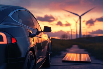 Electric Car Charging Sunset Wind Farm.