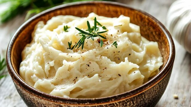 Creamy mashed potatoes with herbs in rustic bowls on wooden table