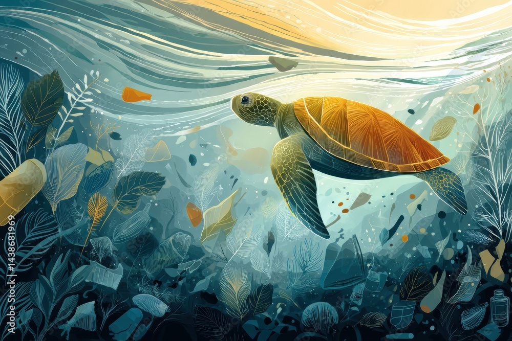 Poster Sea Turtle Navigates Through Floating Trash in a Vibrant Ocean Habitat at Twilight