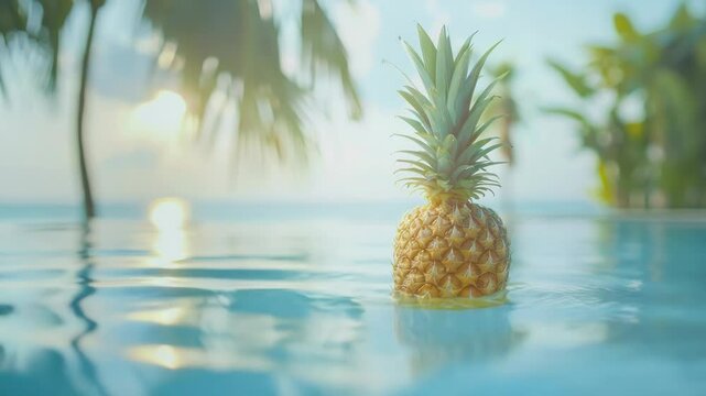 Pineapple floating in pool sunset tropical scene