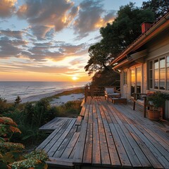A peaceful seaside cottage with a wooden deck, overlooking the ocean at sunset, surrounded by soft golden sands and gentle waves.