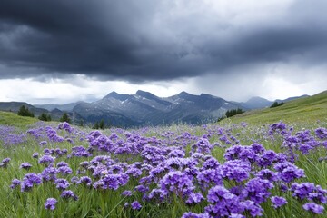 Fototapeta premium Alpine Meadow Flowers Under Dramatic Sky - Serene alpine meadow, vibrant purple flowers, dramatic stormy sky, majestic mountains, peaceful nature. Symbolizing tranquility, resilience, beauty