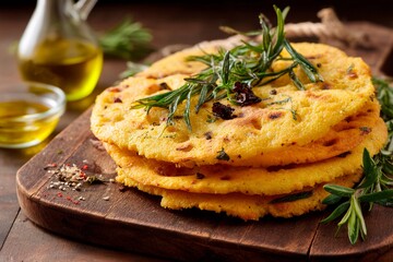 Golden cornflat breads are stacked on a wooden board, garnished with fresh herbs, and drizzled with olive oil, showcasing a rustic culinary delight perfect for sharing