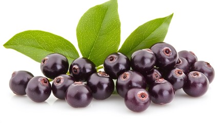 Fototapeta premium Fresh Acai Berries with Green Leaves Closeup Studio Shot