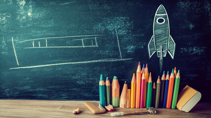 Back to school concept with books and pencils in front of a blackboard featuring a rocket sketch. Vibrant colors, ultra-realistic HDR, soft lighting, and cinematic atmosphere.

