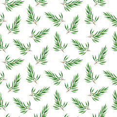 Fototapeta premium Seamless pattern with a branch of green leaves on white background. Olive, willow branch. Watercolor background of greenery for textiles, scrapbooking, wrapping paper, postcards.