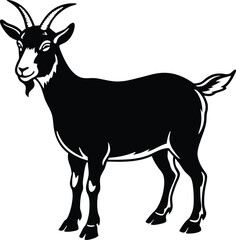 Majestic Goat Silhouette with Curved Horns – Bold Black and White Illustration