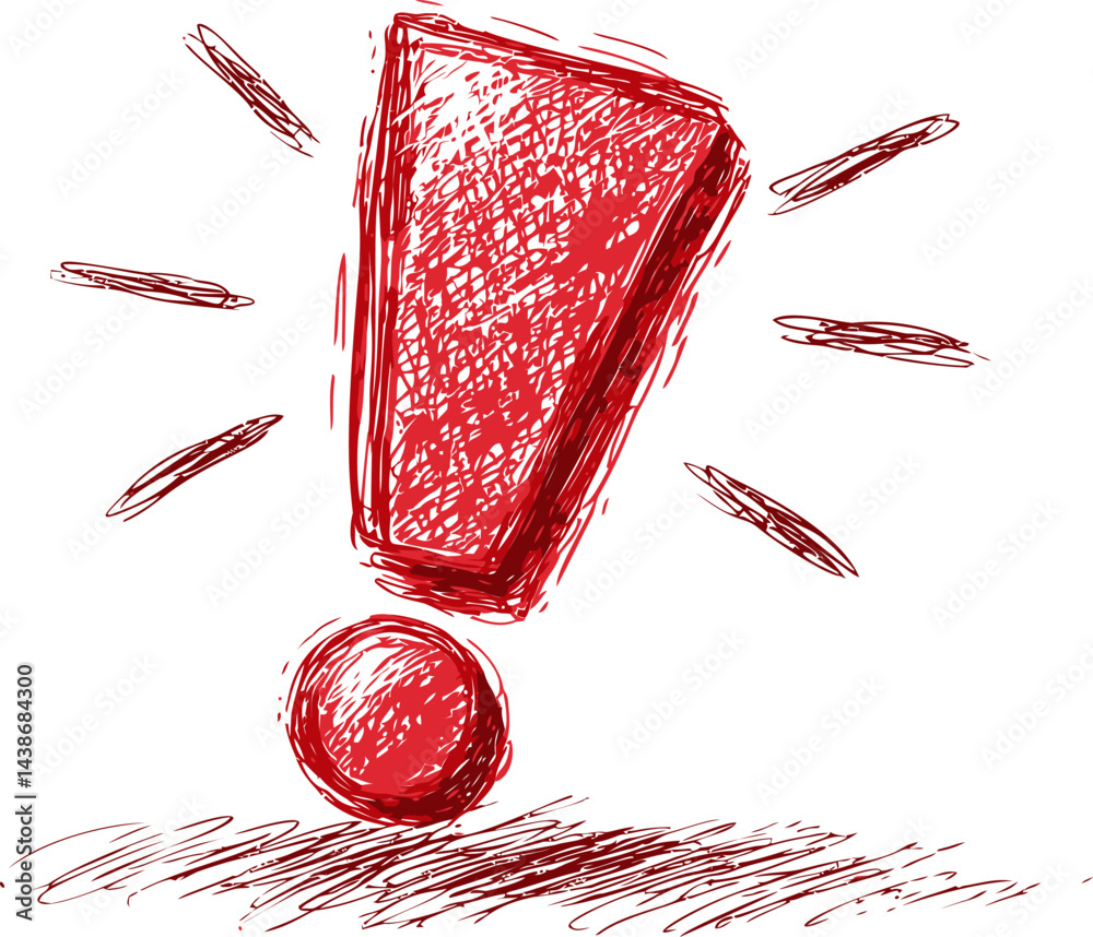 Poster red hand-drawn exclamation mark with sketchy lines symbolizing attention. vector illustration