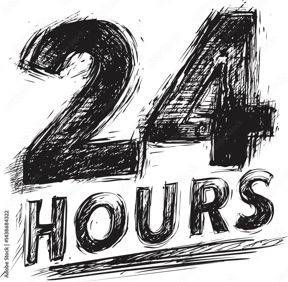 Poster sketch of bold black '24 hours' text in dynamic brush strokes. vector illustration