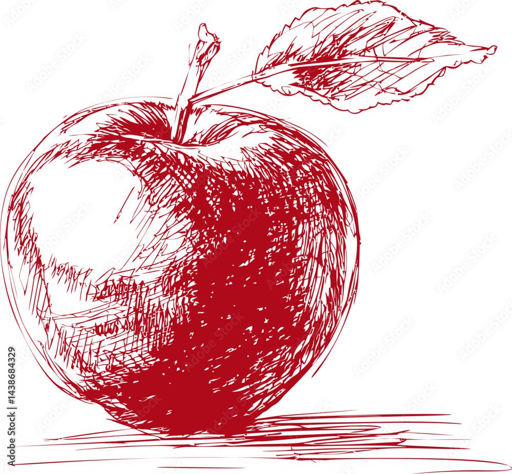 Aufkleber red sketch drawing of an apple with a leaf, digital artwork. vector illustration