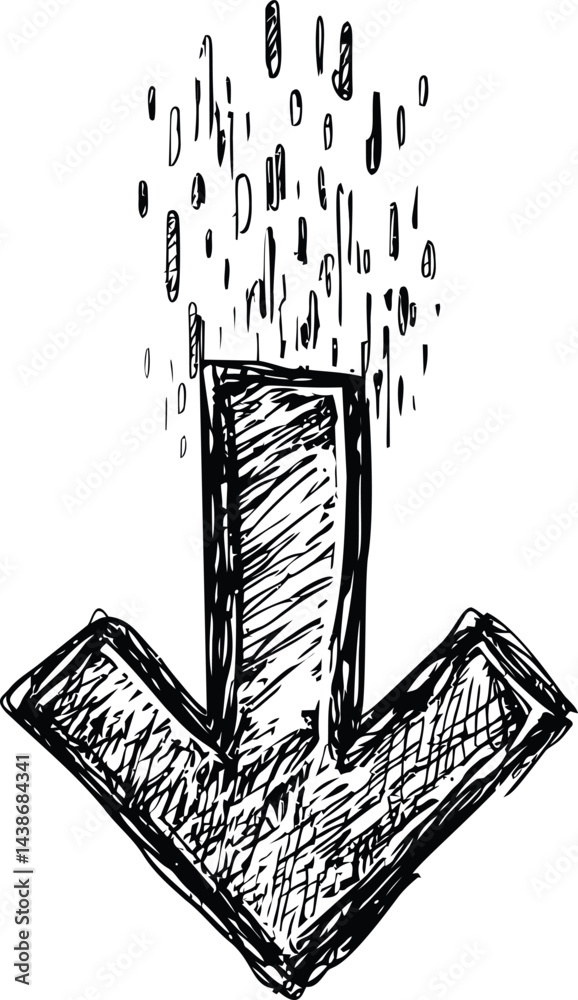 Poster black and white sketch of a downward arrow with scattered lines. vector illustration