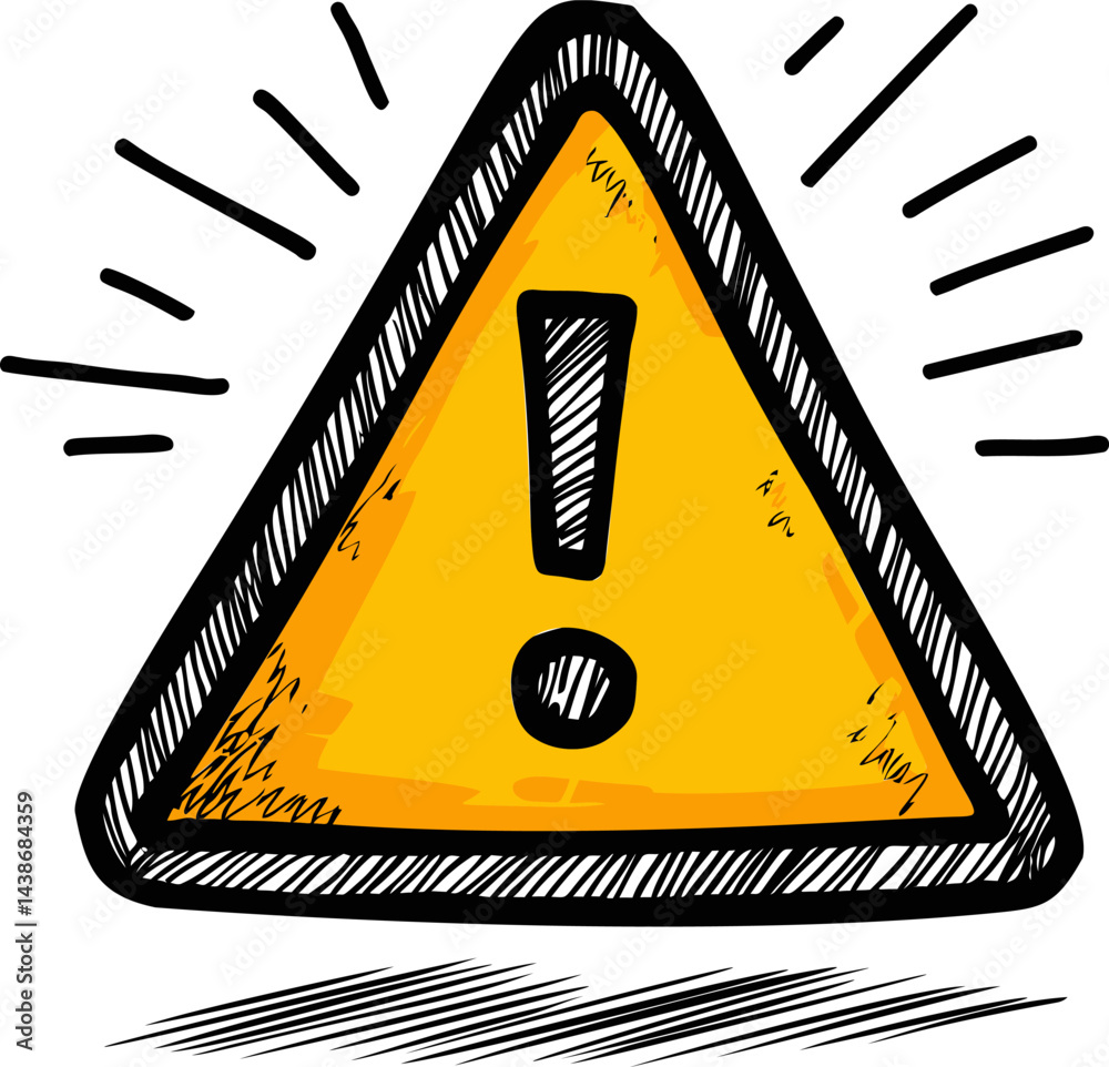 Poster yellow warning sign with exclamation mark and sketched lines around. vector illustration