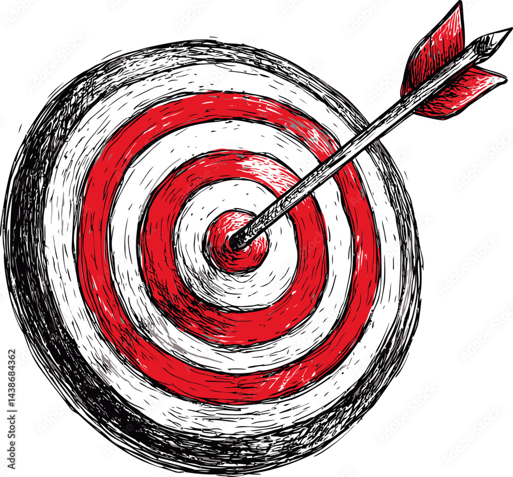 Aufkleber Hand-drawn dartboard with red bullseye and arrow in center sketch style. Vector illustration