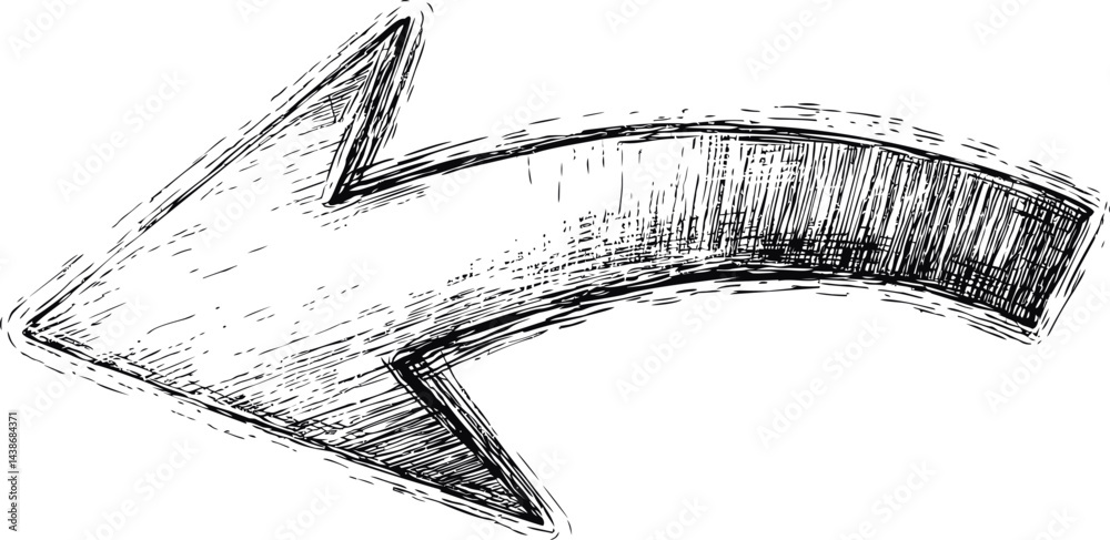Poster black and white sketch of a large left-pointing arrow with textured lines. vector illustration