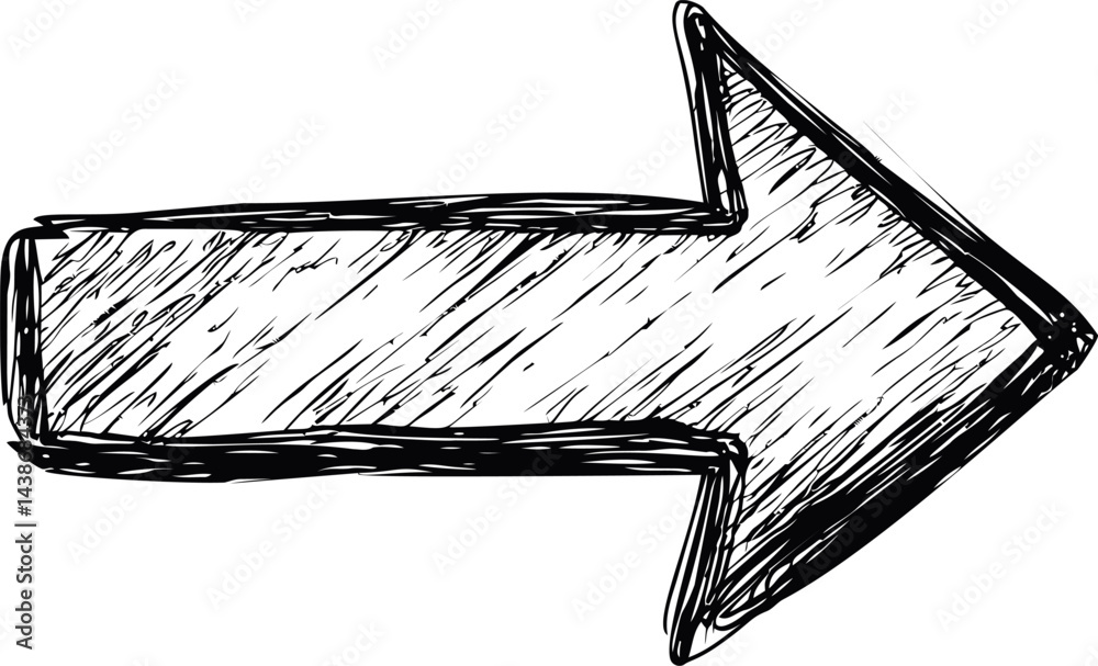 Poster black and white sketch of a bold arrow pointing to the right. vector illustration