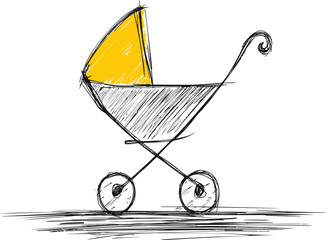 Sketched baby stroller with yellow canopy and detailed line art. Vector illustration