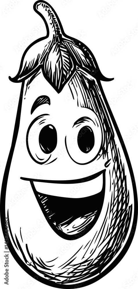 Aufkleber smiling cartoon eggplant with expressive eyes and textured lines. vector illustration