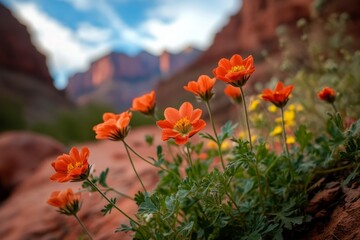 Vibrant orange wildflowers in a desert landscape © Forex