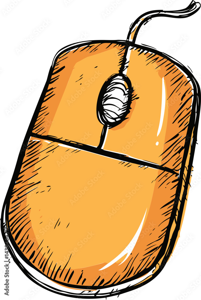 Poster orange sketch drawing of a computer mouse with black outlines. vector illustration