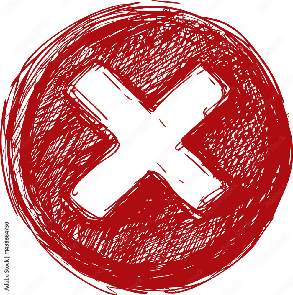 Poster Red hand-drawn cross in a circle with sketchy scribbles and messy style. Vector illustration