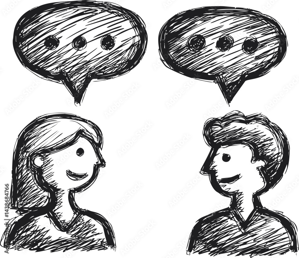 Poster sketch of two people smiling with speech bubbles in black ink drawing style. vector illustration