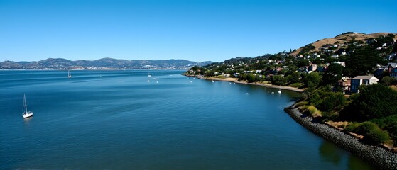 Obraz premium Bay view with sailboats water trees and houses under a clear blue sky.