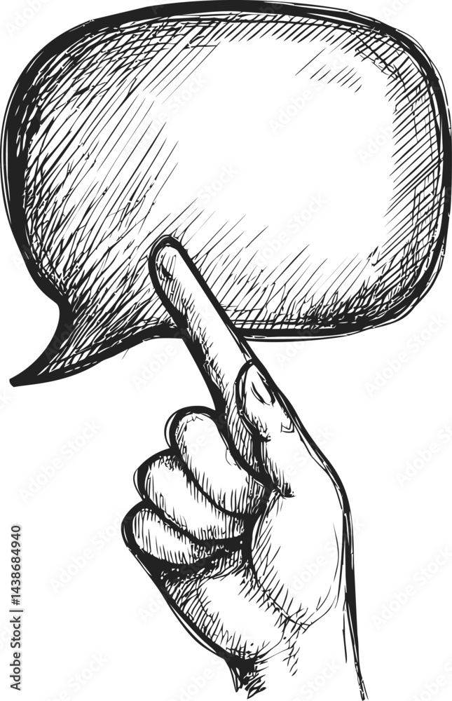Poster hand pointing at empty speech bubble in black and white sketch style illustration. vector illustrati