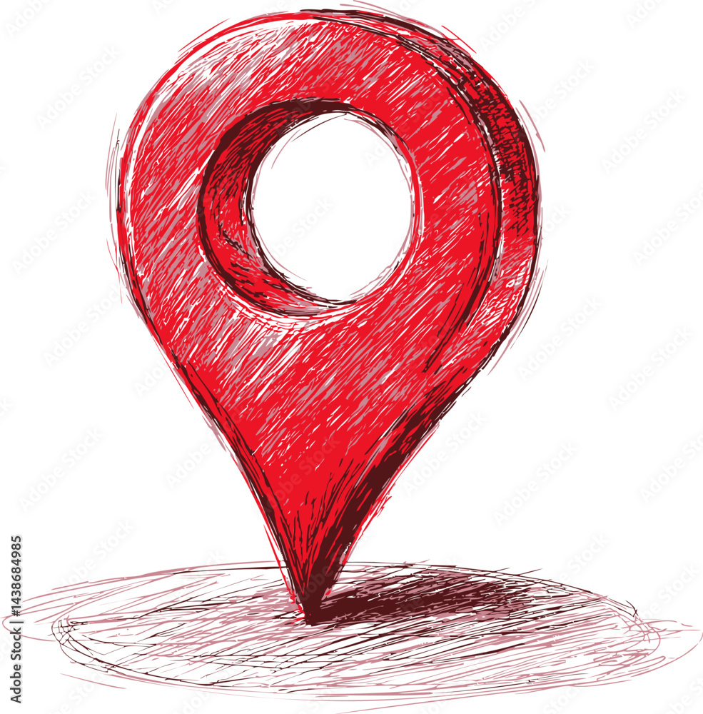Poster red sketch style map pin, concept of navigation symbol. vector illustration