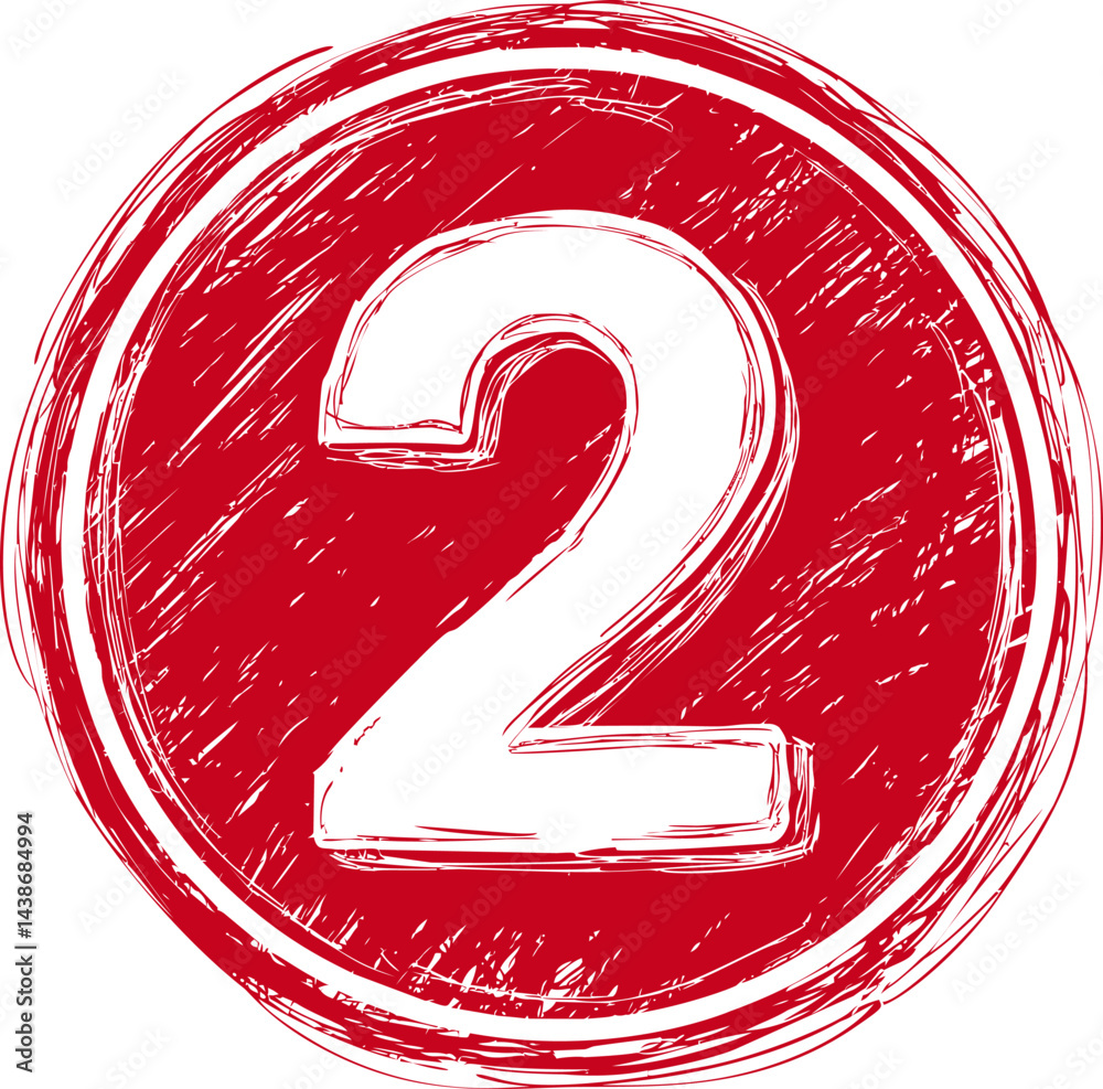 Poster Red sketchy number two inside a circle with rough edges and artistic style. Vector illustration
