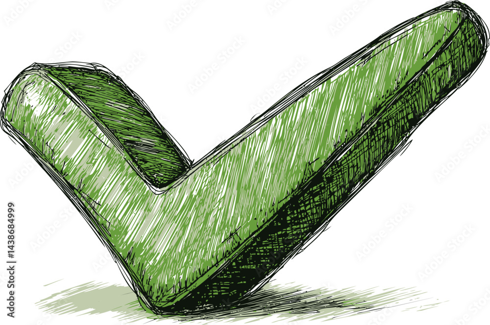 Poster green hand-sketched check mark with shading and hatch details. vector illustration