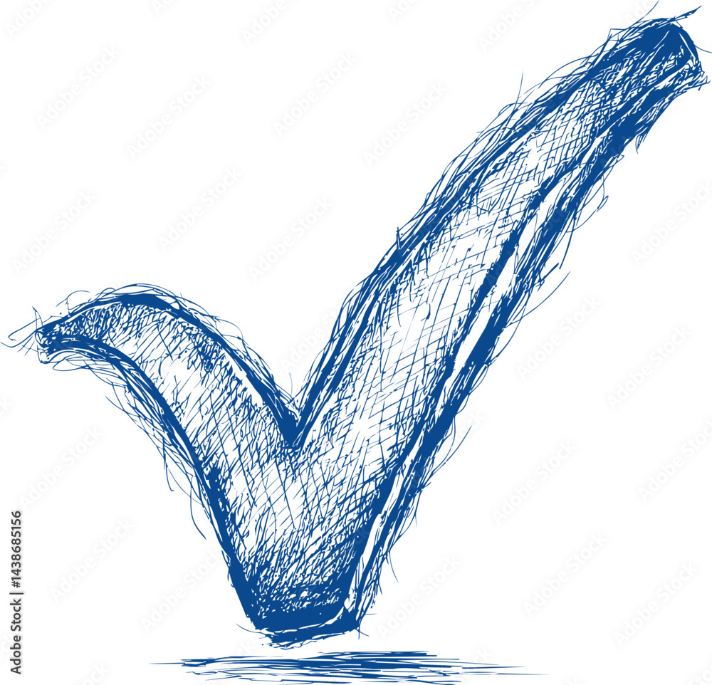 Poster blue sketch of a checkmark with scribbled texture, conveying approval concept. vector illustration