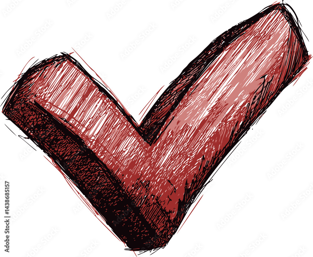Poster Red check mark drawn in sketch style with bold, textured strokes. Vector illustration