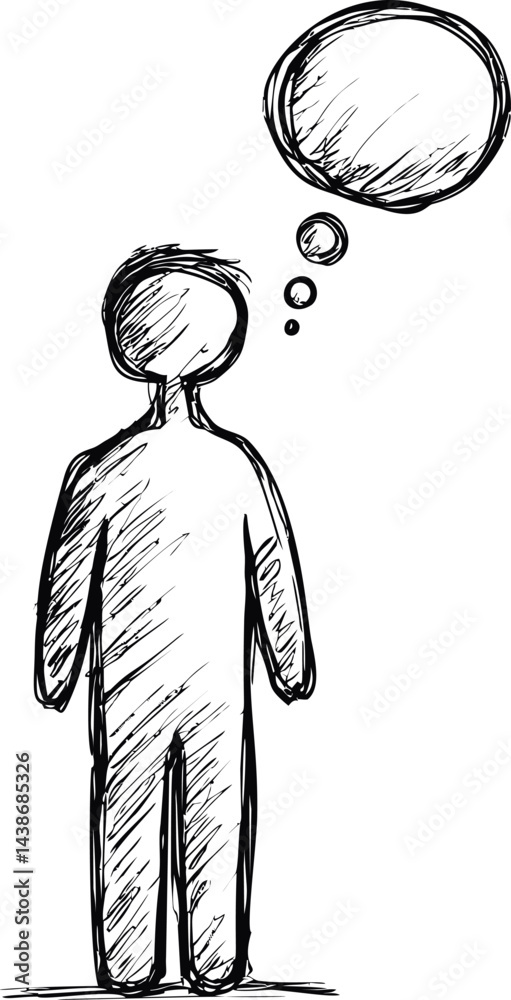 Poster Sketch of a figure with an empty thought bubble, illustration of imagination. Vector illustration